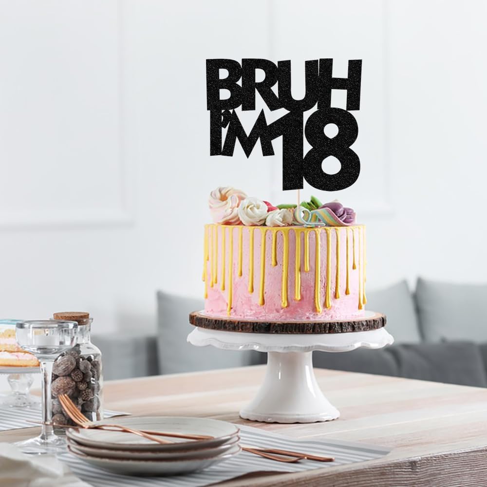 PALASASA Bruh I'm 18 Black Glitter 18th Birthday Cake Topper Decor | Black glitter funny cake topper, perfect for boys 18th birthday party cake decoration supplies.