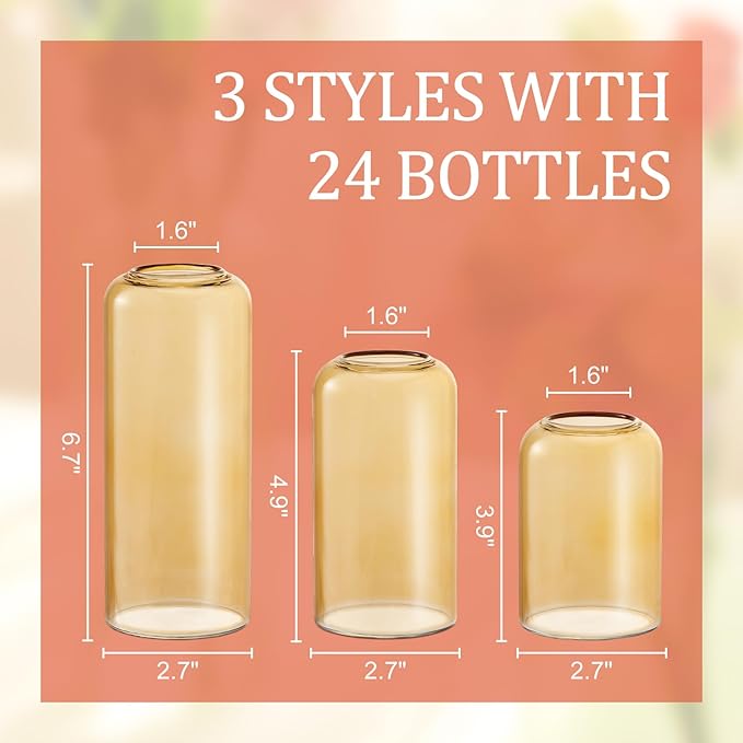 24pcs Glass Bud Vases Set, Clear Flower Vase for Centerpieces, Small Vases for Flowers, Decor Centerpiece for Bathroom, Decorative Vases for House Warming (Amber)