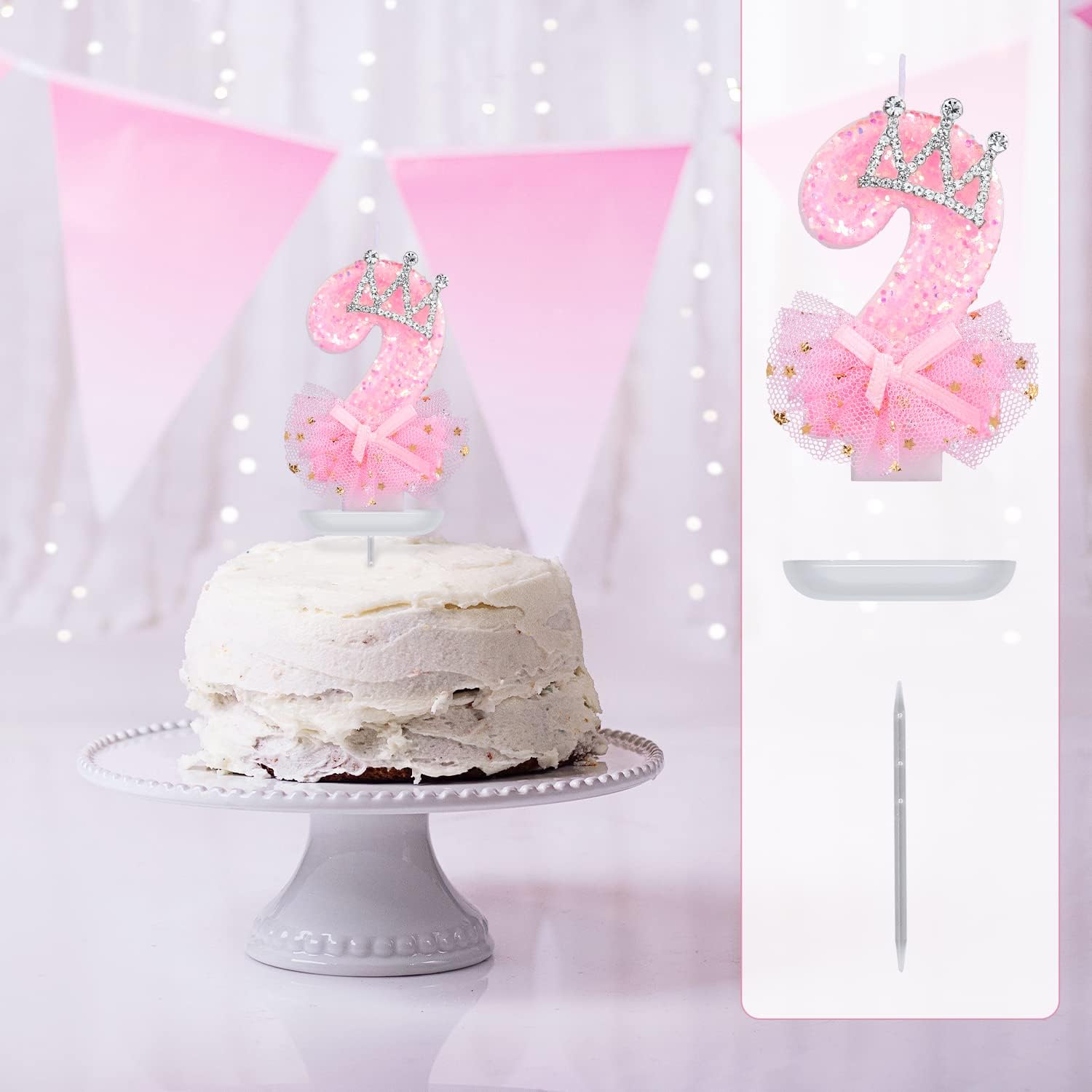 Birthday Number Candles, 2.95 Inch Crown Bow Mesh Candle Glitter Pink Number Candles Cake Topper Birthday Candles with Sequins for Anniversary Celebrations Supplies (Number 2)