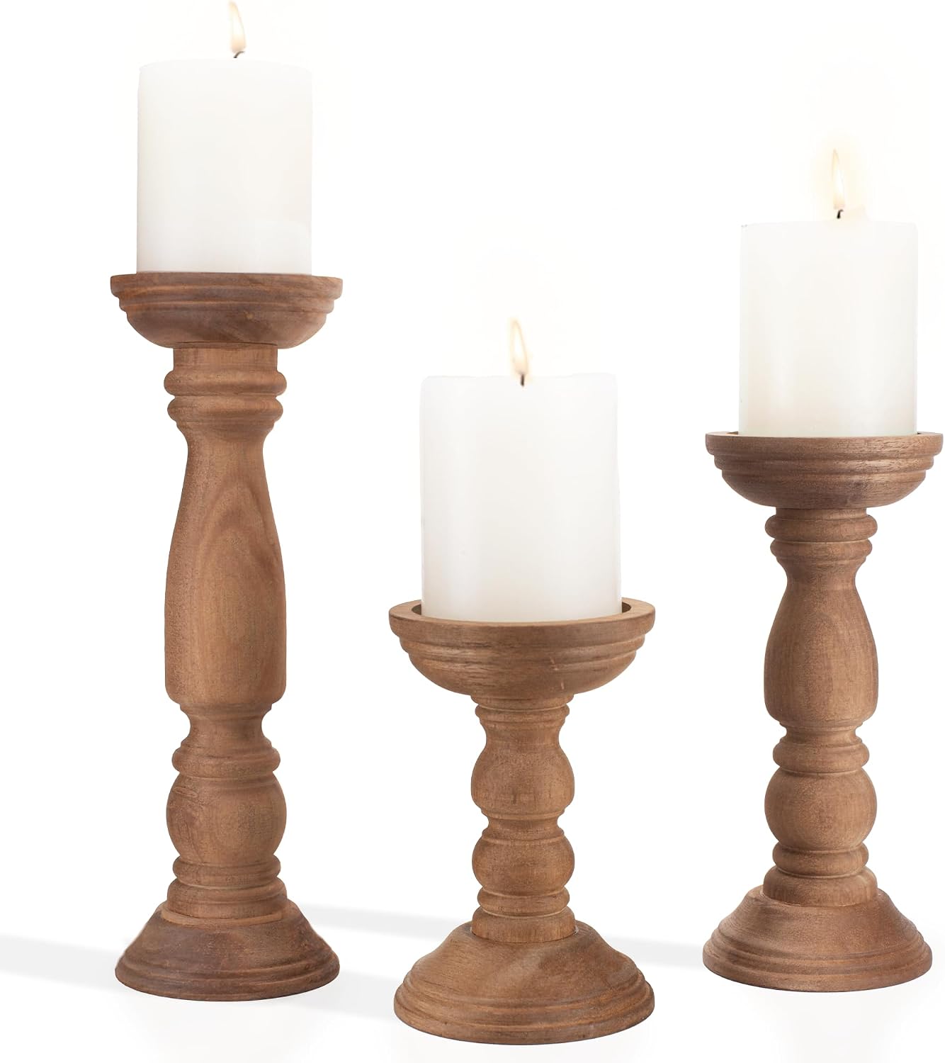 BANOMII Farmhouse Wooden Candle Holders for Pillar Candles Set of 3, Rustic Wood Candle Holder Table Centerpiece Decor, 12'' 9'' 6'' Vintage Tall Candle Stand Decorative, Brown