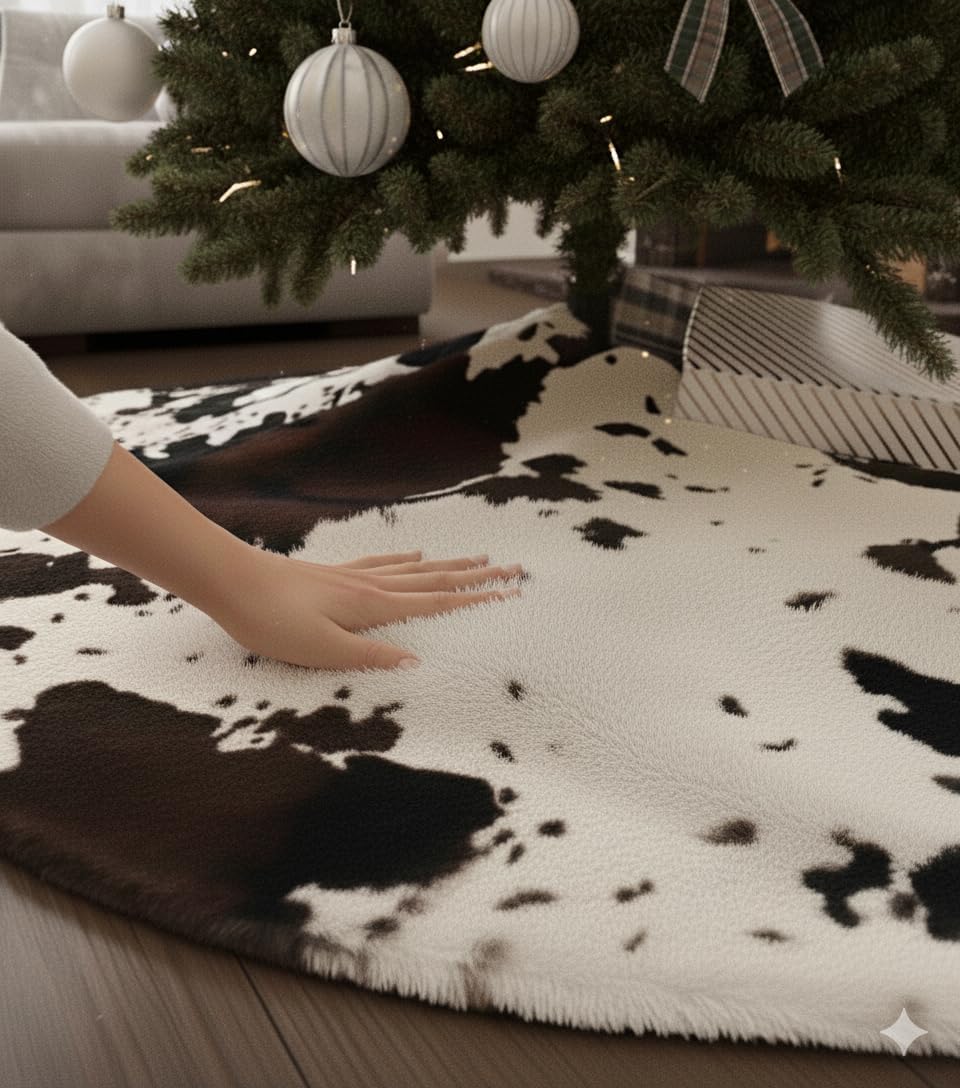 36 Inch Cow Faux Fur Christmas Tree Skirt Holiday Decor for Xmas Tree, Festive Party, Home Decorations