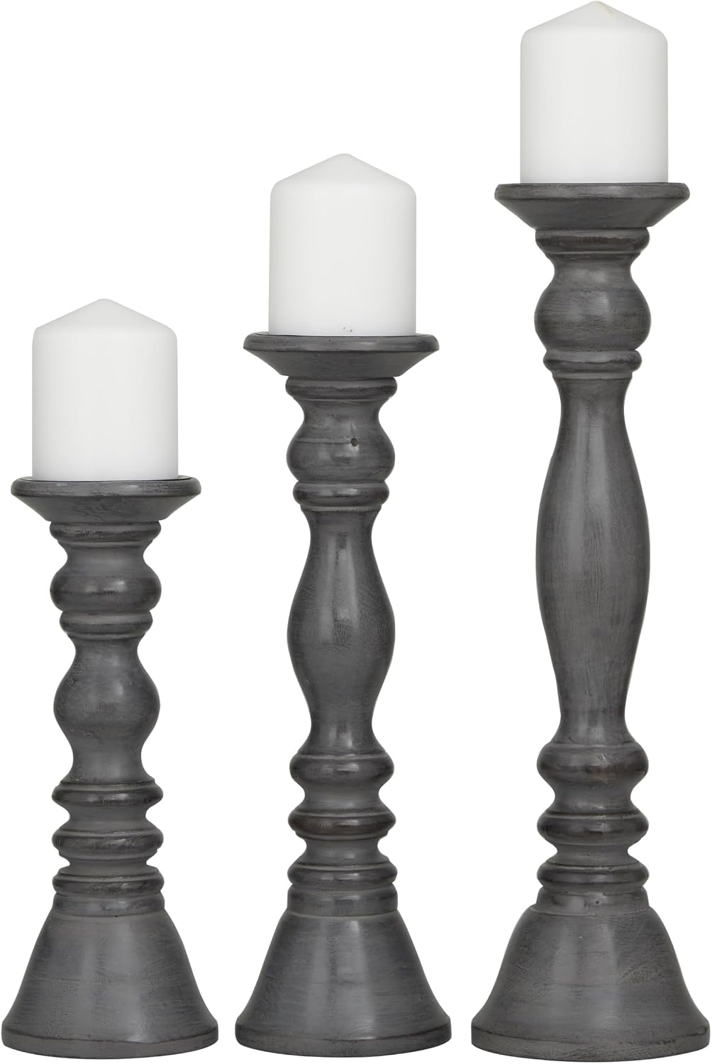 Deco 79 Wood Decorative Candle Holder Candle Stand, Set of 3 Candlestick Holder 18, 15, 12" H, Gray