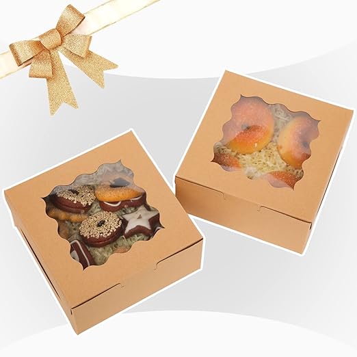 Bakepacker 60pcs Kraft Bakery Boxes with Window 6x6x3 inches Thick & Sturdy Macaroon Pastry Boxes Cookie Boxes for Bakerys
