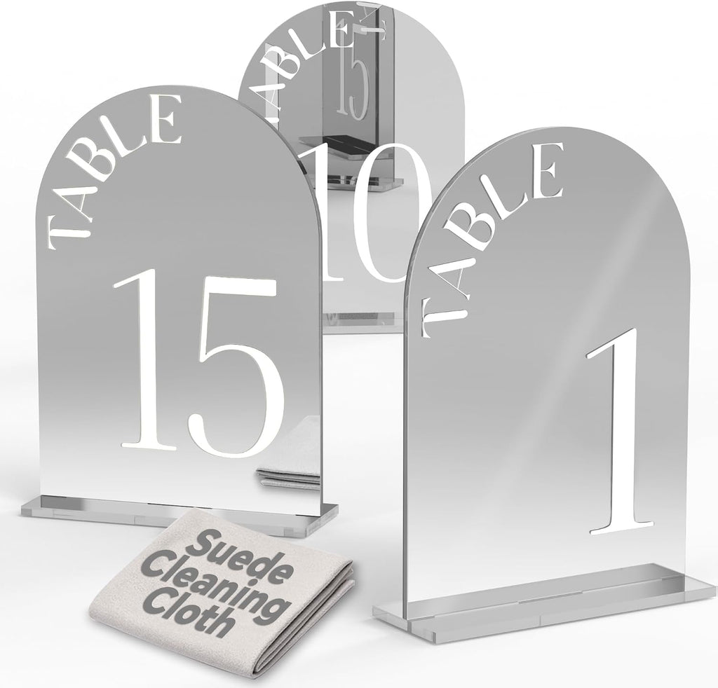 Mirror Arched Wedding Table Numbers 1-15 with Stands, 5"x7" Double-sided Letter, Acrylic Wedding Signs Centerpiece Decoration for Wedding Reception Party (Silver, Table Numbers 1-15)