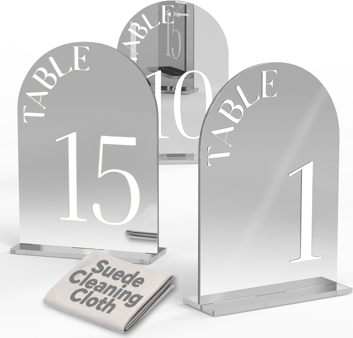 Mirror Arched Wedding Table Numbers 1-15 with Stands, 5"x7" Double-sided Letter, Acrylic Wedding Signs Centerpiece Decoration for Wedding Reception Party (Silver, Table Numbers 1-15)