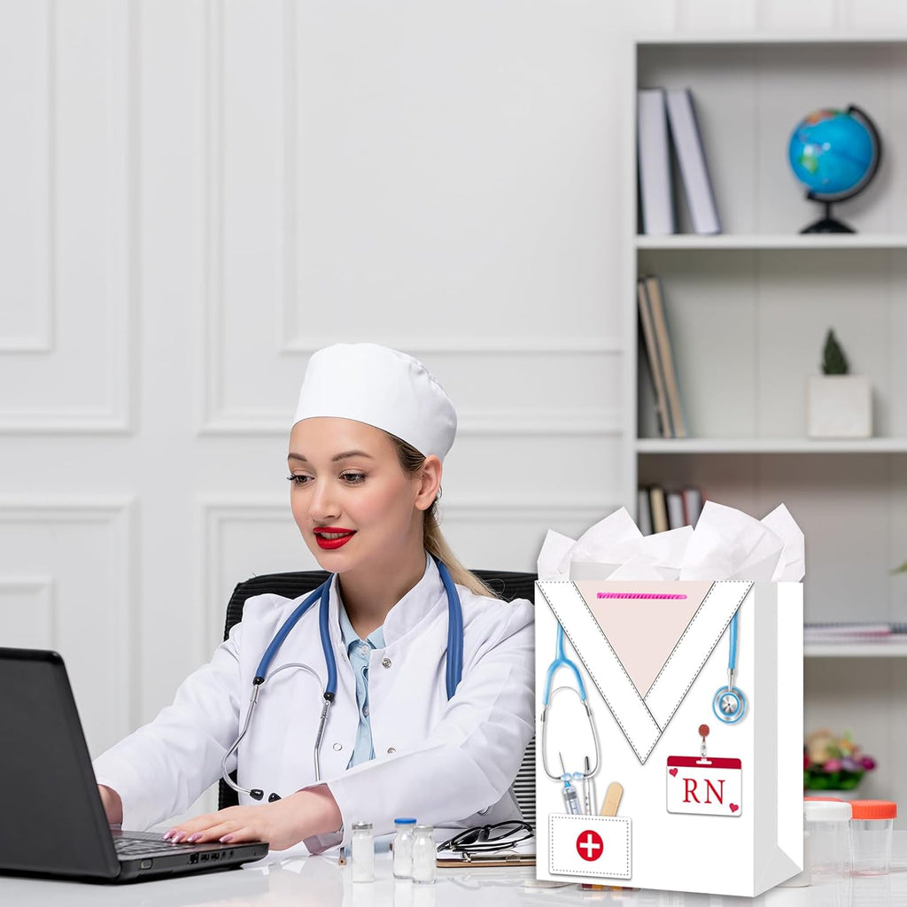 HEYINSHEN Nurse Graduation Gifts Bag 13" Large Congrats Nurses Gift Bag with Tissue Paper & Handles Gifts Bag for Nursing Grads Medical School Graduation Decor Nurse Week Celebrations