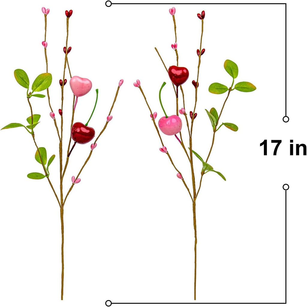 Yawwind 12 PCs Valentine Table Centerpieces 17 Inches Valentines Picks Valentines Day Floral Stems Romantic Heart Flower Picks with Cherry for Gift Vase Table Centerpiece Wedding Indoor Decor