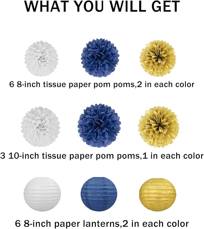 Navy-Blue White Gold Party Decorations - 15Pcs Tissue Pom Poms Paper Flowers Paper Lanterns Graduation Men Boy Birthday Wedding Bridal Baby Shower Father Day Decorations Supplies HongTongTong