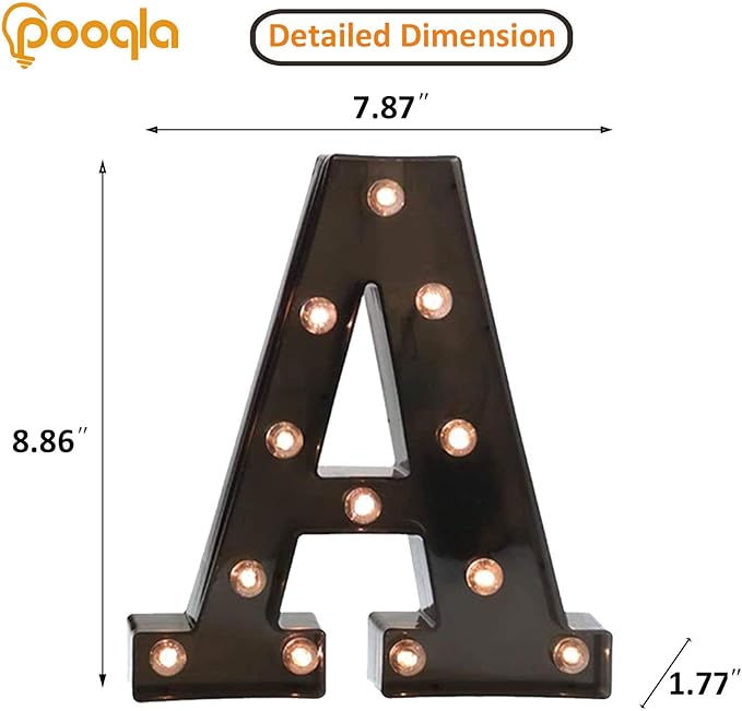 Pooqla Light Up LED Letter Marquee Sign - Alphabet Marquee Letters with Lights for Wedding Birthday Party Christmas Night Light Lamp Home Bar Decoration A, Black