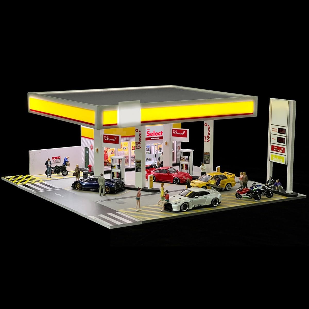 1/64 diorama display case gas station with led shown in use