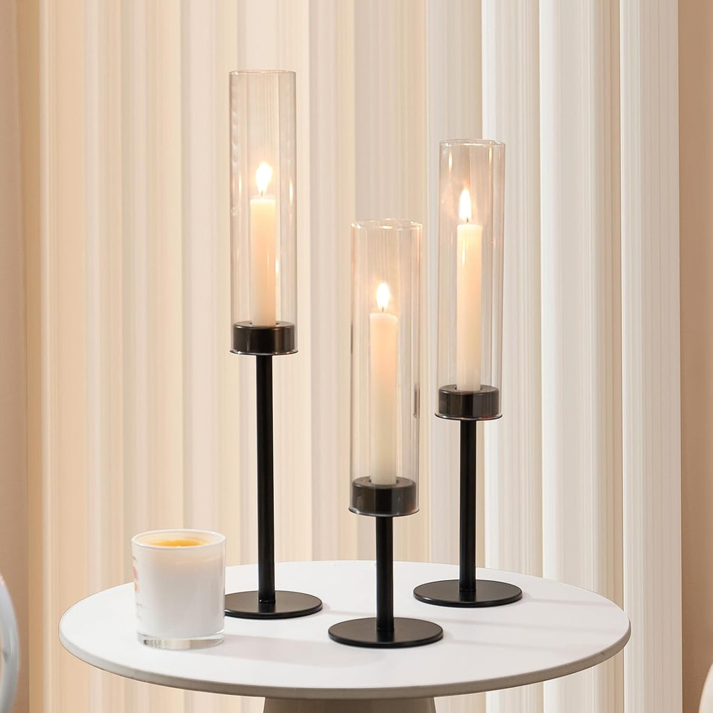 Black Hurricane Glass Candle Holders Set of 3 Tall Taper Candlestick Holder | Metal Candle Stick Holders, for Dining Dinner, Weddings, Christmas Fireplac Decorations, Table Centerpieces Decor