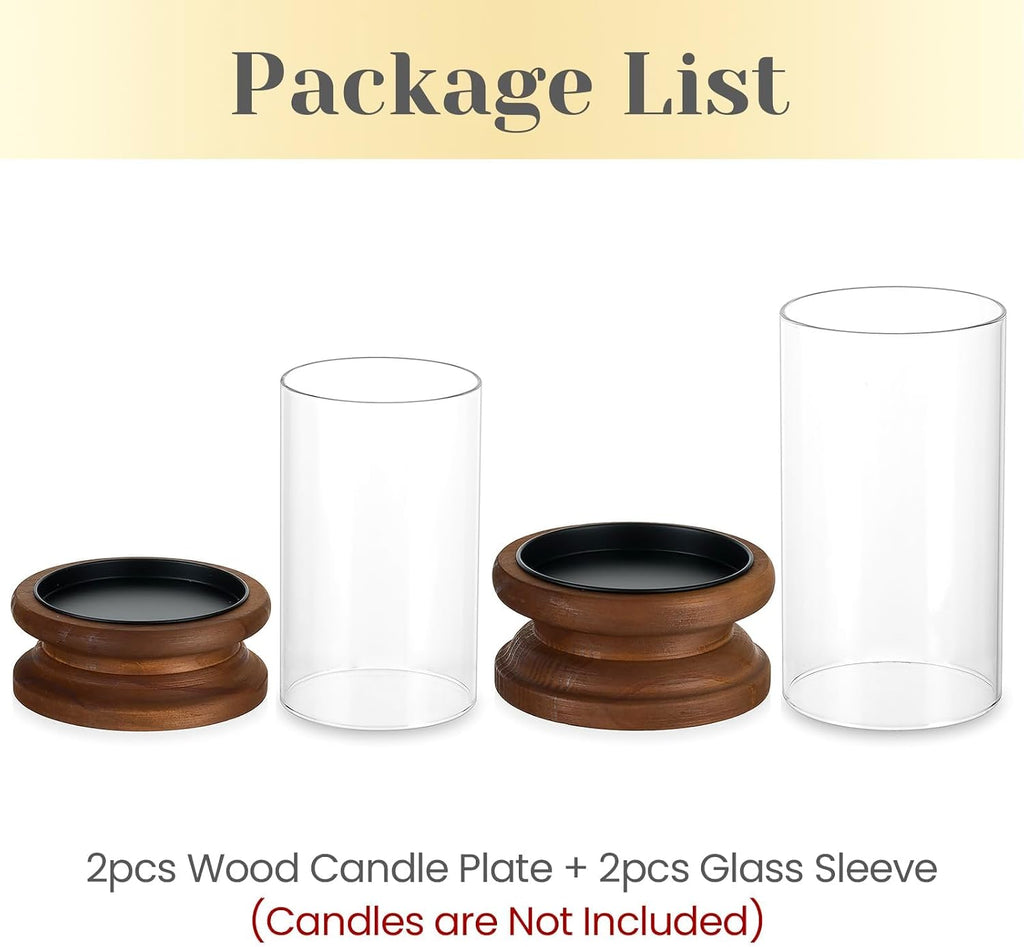 Hewory Hurricane Glass Candle Holder: 2PCS Rustic Brown Candle Holders for Pillar Candles, Vintage Decorative Wood Stand with Clear Glass Cover for Weddings Christmas Table Centerpiece Home Decor
