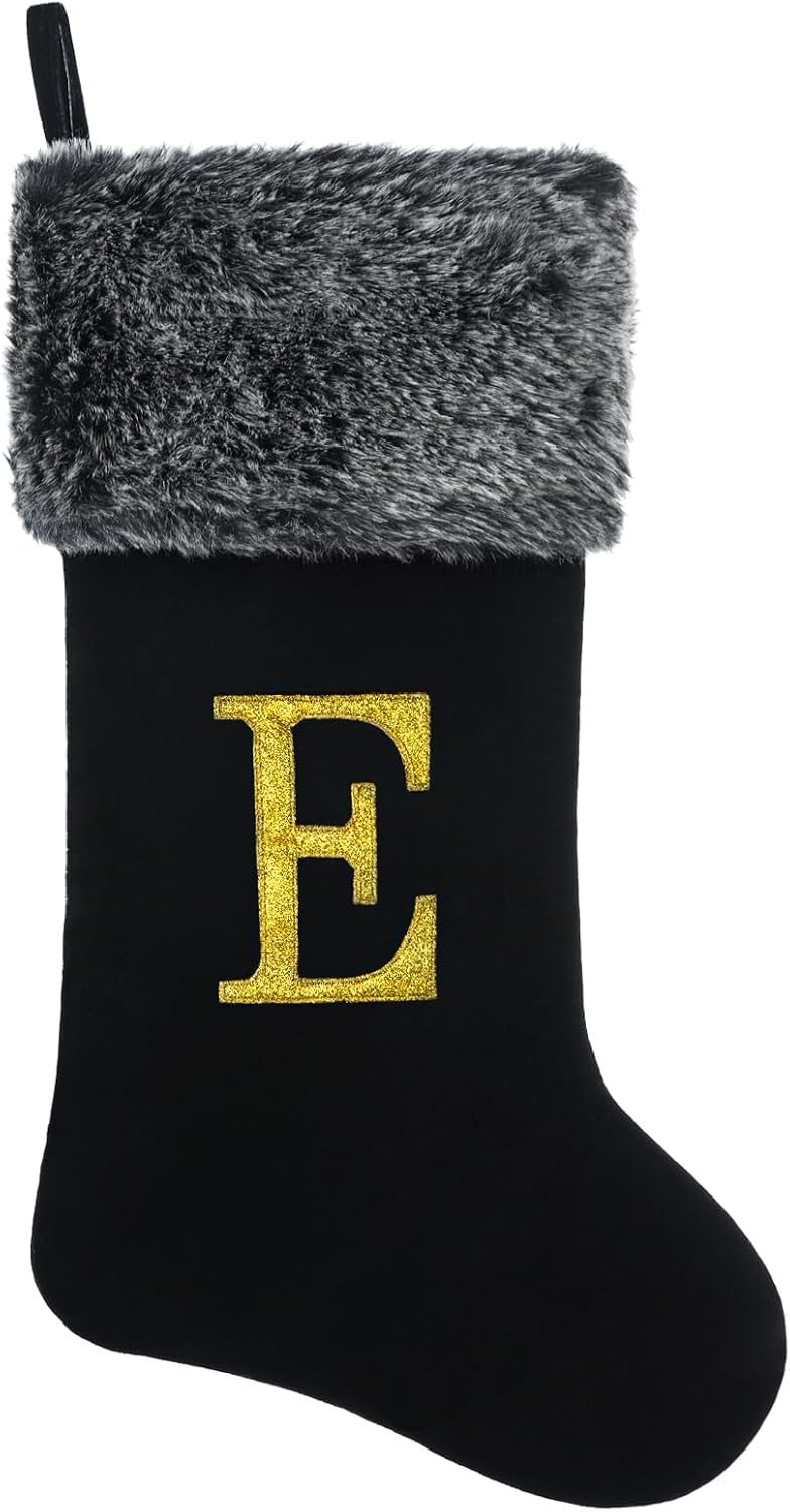 20 Inches Personalized Monogram Christmas Stocking, Deluxe Black Velvet with Faux Fur Trim, Embroidered Initial, Holiday Decor for Fireplace Mantel Gifts Letter E