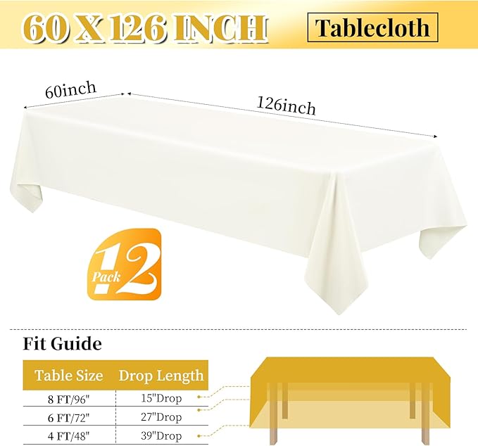 12 Pack 60 x 126 Inch Rectangle Tablecloth Ivory Polyester Tablecloth for 8 Ft Rectangle Tables, Washable Fabric Table Cloth for Wedding Dining Table Buffet Parties Camping