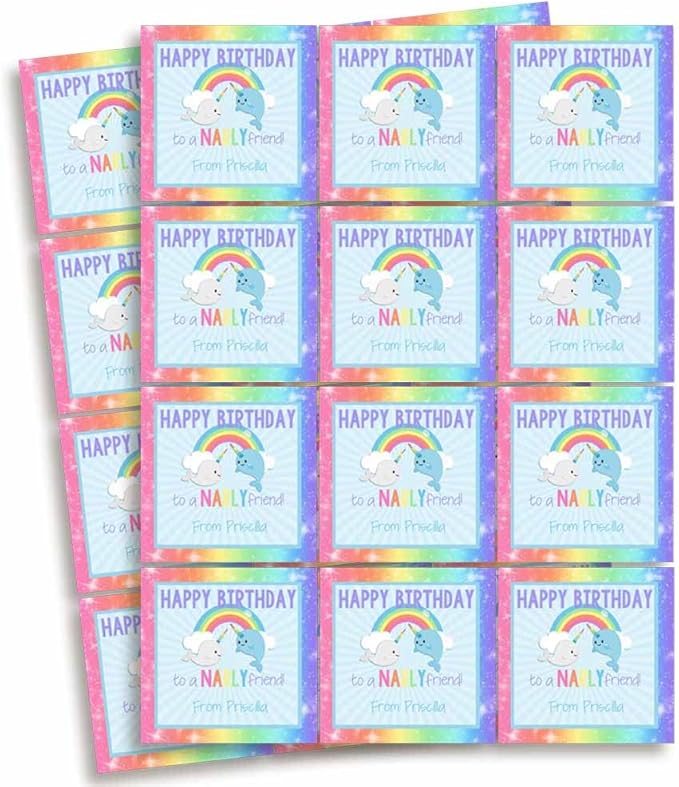 Custom & Personalized Narwhal Unicorn of The Sea Happy Birthday Gift Tag Sticker Labels, 24 2.5" Square Stickers by Amanda Creation