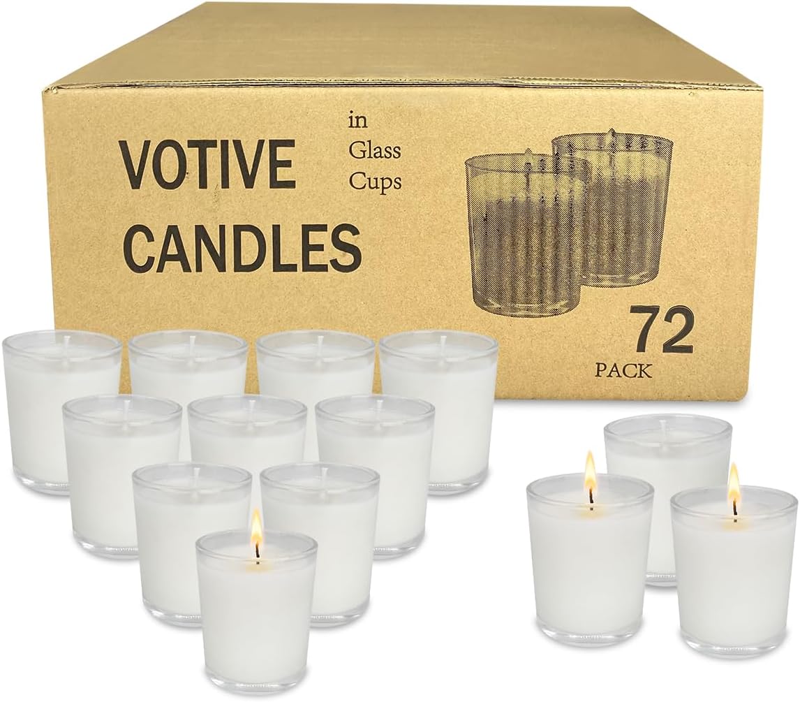 72 Pack White Unscented Clear Glass Filled Votive Candles, Hand Poured Wax Candle Ideal Gifts for Aromatherapy Spa Weddings Birthdays Holidays Party