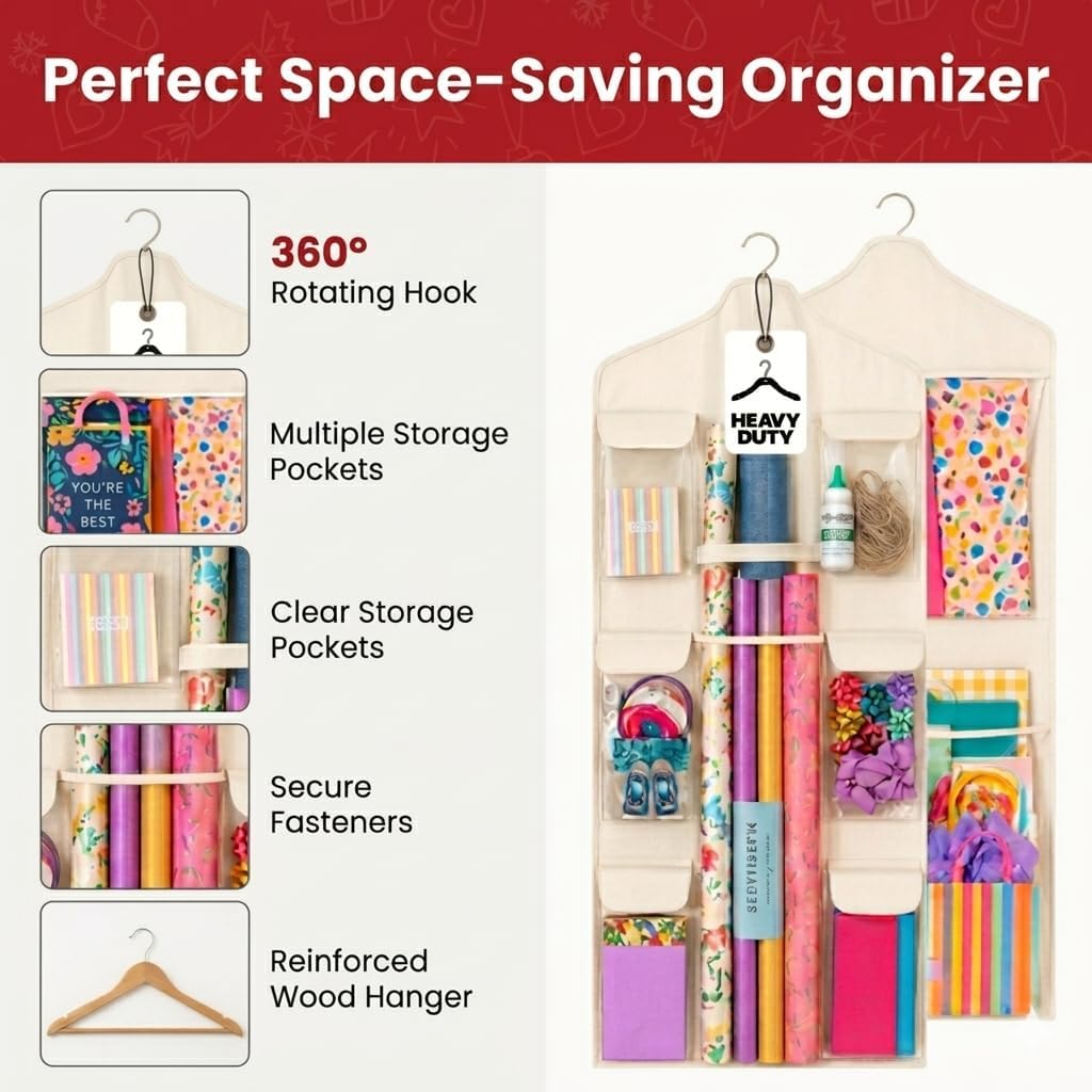 Wrapping Paper Organizer Storage – Double-Sided Hanging Gift Wrap Holder with Wooden Hanger – Over the Door or Closet Storage for Gift Bags with Pockets – For Christmas, Birthdays & Special Occasions.