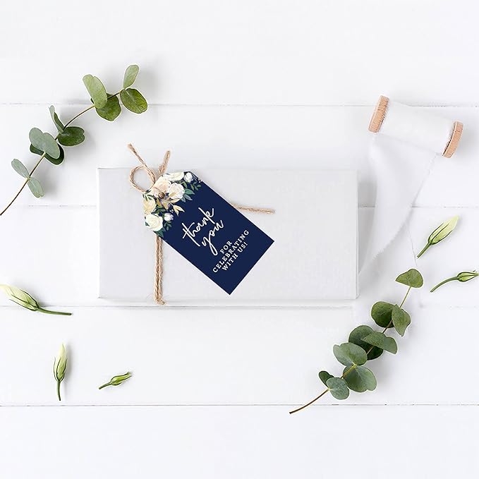 Andaz Press 100-Pack Thank You for Celebrating with Us Favor Tags Navy Blue with Florals Cardstock Gift Tags with Bakers Twine for Wedding Baby Shower Bridal Shower Party Favors 2 x 3.75-Inches