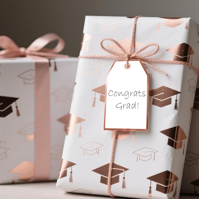 100Pcs Blank Gift Tags with String Attached Foil Rose Gold Frame Large White Paper Gift Tags Presents with 65 Ft Jute Twine for Birthday Wedding Baby Shower Graduation Gift Wrap Tag