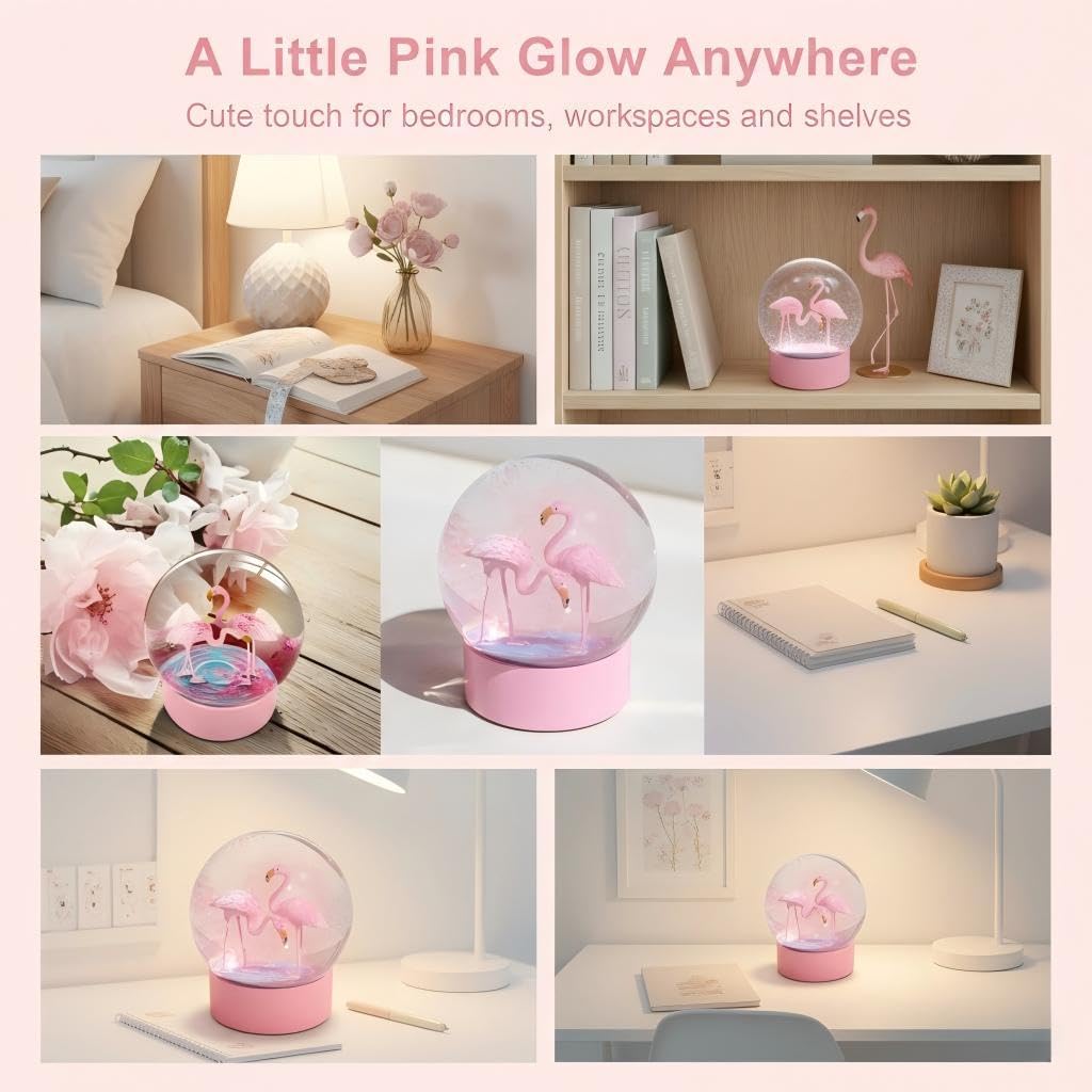 Pink Flamingo Snow Globes for Girls, 100MM Christmas Snow Globe for Kids, Glass Glitter Snowglobes for Adults Women Home Office Table Decor Birthday Valentine Gift