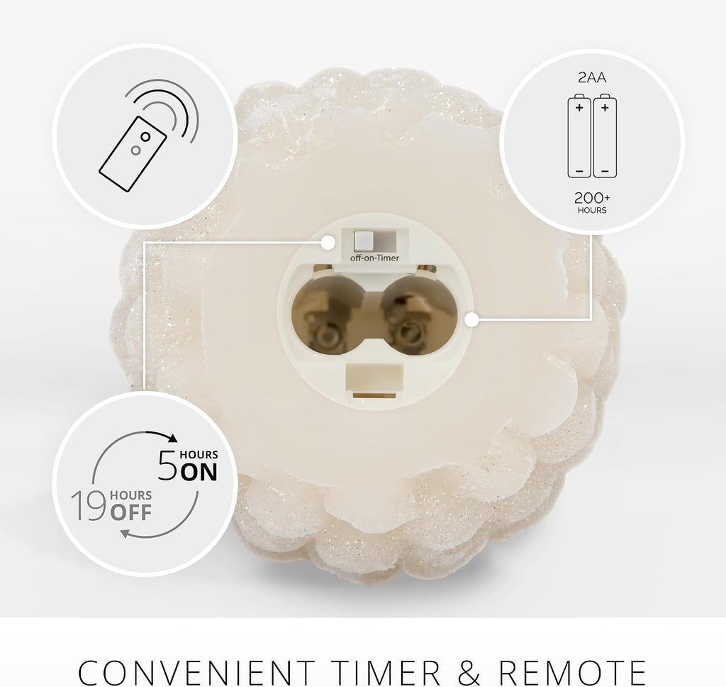 Luminara Pinecone Flameless Candle White Swan Glitter and Snow Finish Pine Cone Figural, Real Wax Unscented LED Candles, Battery Operated with Timer, Holiday Decoration (3.9" x 4.3")