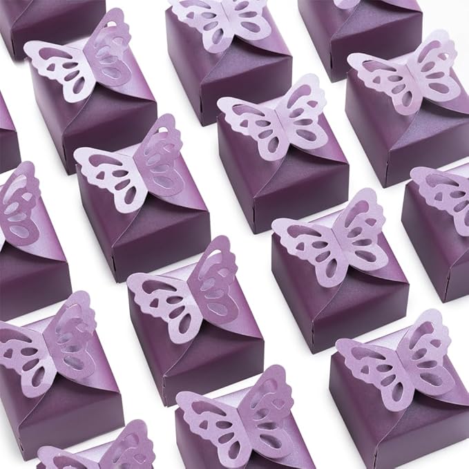 AWELL Purple Gift Candy Box Bulk 2.5x2x2.5 inches with Butterfly Bow Party Favor Box for Mother's Day, Purple,Pack of 50