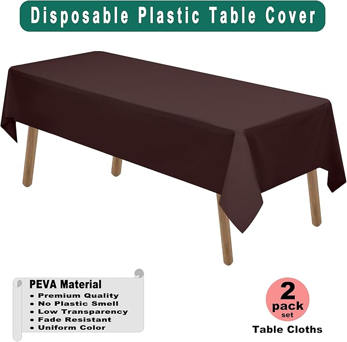 Brown Plastic Tablecloths 2 Pack Disposable Table Covers 54 x 108 Inch Party Tablecovers PEVA Coffee Table Cloths for BBQ Picnic Birthday Wedding Parties 8 ft Rectangle Table Use