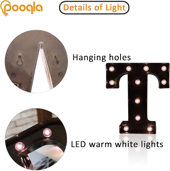 Decorative LED Illuminated Letter Marquee Sign - Alphabet Marquee Letters with Lights For Wedding Birthday Party Christmas Night Light Lamp Home Bar Decoration T, Black