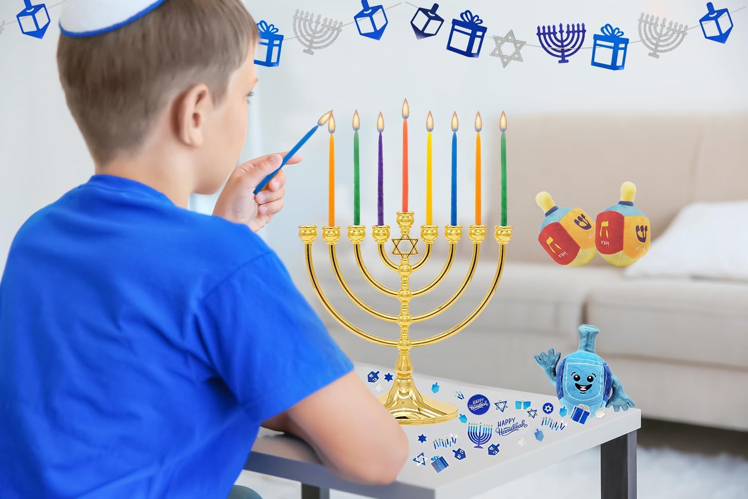 The Dreidel Company Dripless Hanukkah Candles Multicolored Beeswax, Hand-Made Striped Deluxe Tapered Decorations, Chanukkah Menorah Candles for All 8 Nights of Chanukah (Multicolor Beeswax)