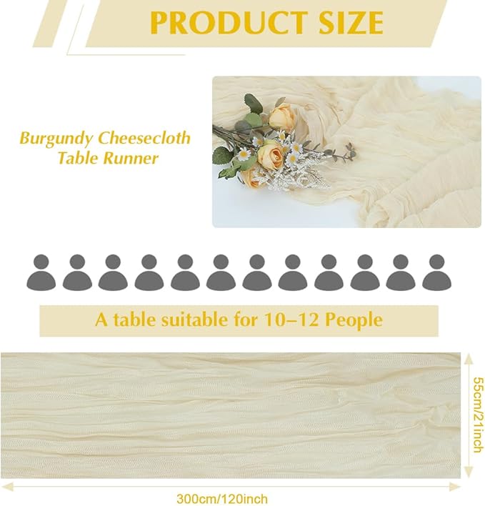 Beige Cheesecloth Table Runner -21*120Inch Long Boho Wedding Table Decor, Rustic Gauze Fabric Runner for Bridal Showers, Baby Showers & Parties (Sheer, Lightweight, Wrinkled Design)
