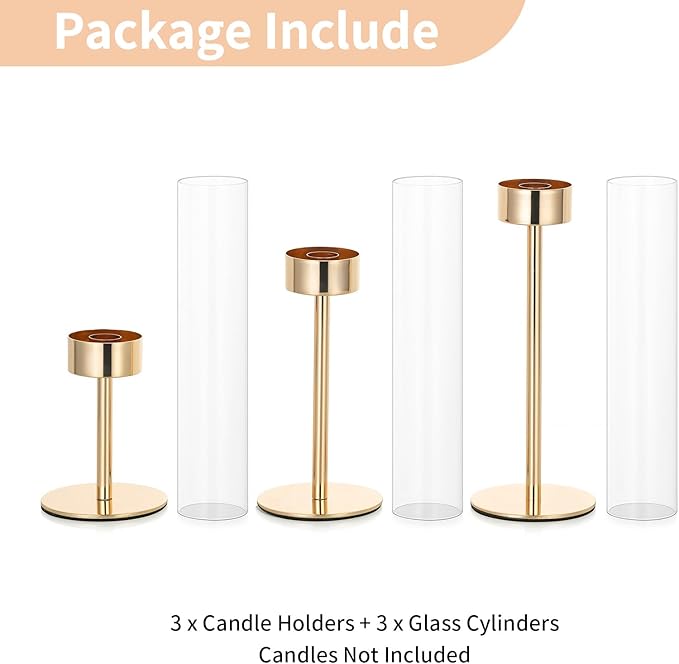 NUPTIO Hurricane Candlestick Holders for Centerpiece: Gold Taper Candles Stick Holders with Clear Glass Chimney - Tall Candleholder Set of 3 for Birthday Party Outdoor Decor
