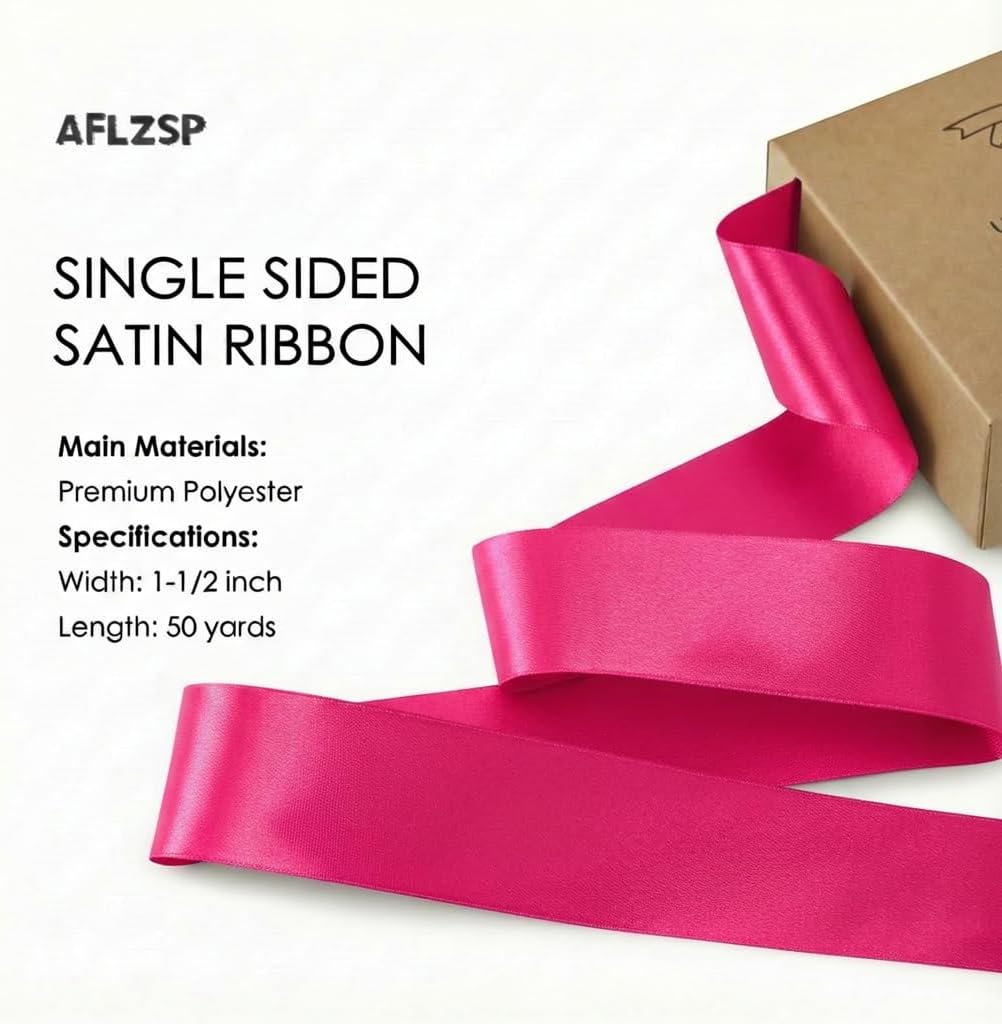 Ribbon for Gift Wrapping, Hot Pink Satin Roll for Bows & Eternal Flower Making, Wedding, Halloween, Thanksgiving Decoration, 1-1/2 Inch x 50 Yds.
