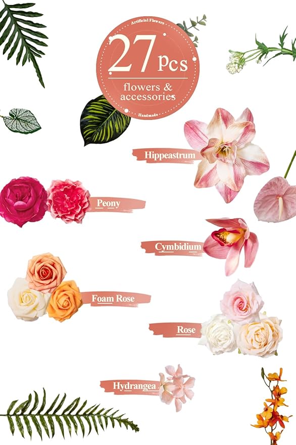TINGE TIME Artificial Flowers Tropical Citrus & Pink Flower Combo for DIY Summer Wedding Bouquets Table Centerpieces Arrangements Party Baby Shower Home Decorations