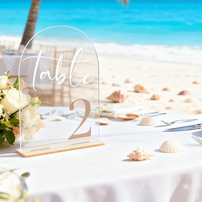 Wedding Table Numbers 1-20 with Stands, 5” x 7” Elegant Acrylic Display Signs with Golden Text, Great Table Numbers for Wedding Reception, Decoration, Centerpiece, Party, Anniversary and Event
