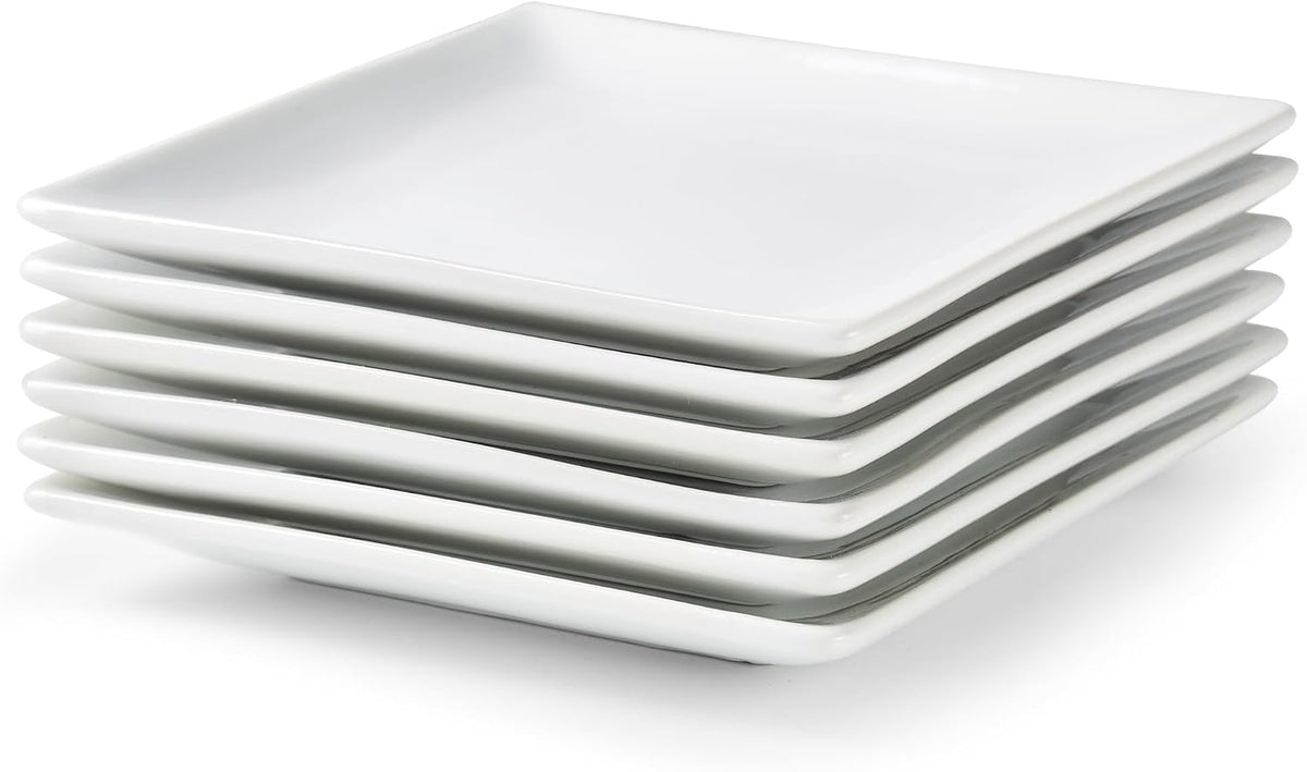 Porcelain Appetizer Plates Set of 6, 6 Inch White Square Dessert Plates