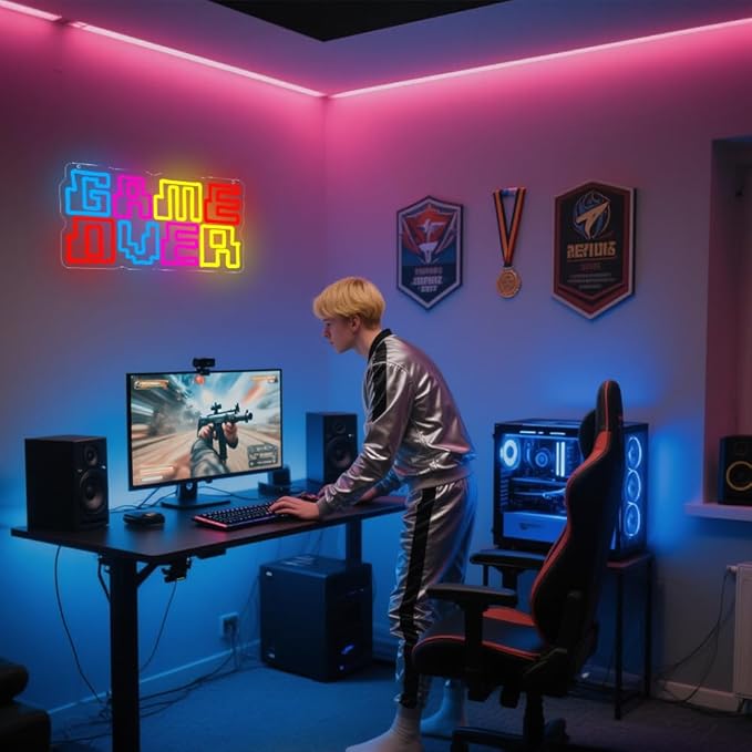 Game Room Neon Sign,Game Over Dimmable LED Light Signs for Wall Art Decor,Gamer Backdrop for Bedroom Club Party Man Cave,Gaming Gift for Boys Teen Men USB Powered（15.4"*7.9"）