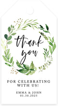 Andaz Press 100-Pack Personalized Thank You for Celebrating with Us Wedding Favor Tags with Bakers Twine Greenery Wreath Custom Cardstock Wedding Gift Tags Thank You Tags for Party Favors 2” X 3.75”