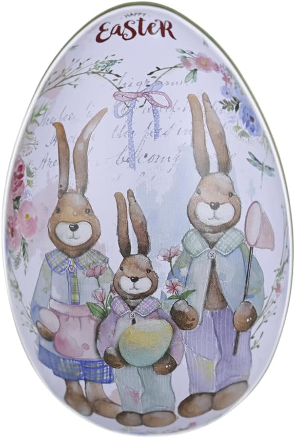 Rabbit Gardener Easter Egg Tin (Style E) - Retro Flower Market Themed Metal Treat Box, Durable Egg Shaped Keepsake Container for Candies & Jewelry