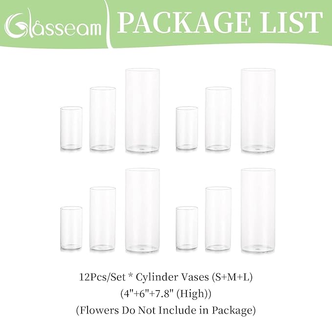 Glasseam Cylinder Vases Set of 12, Hurricane Candle Holder Clear Different Sizes, Modern Glass Cylinder Vase, Glass Vases for Centerpieces for Home Decor Wedding Centerpieces, Events, 4''+ 6''+7.8''