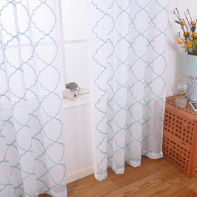 Embroidery Sheer Curtains Blue 95 Inches Long, Window Treatments Rod Pocket Drapes for Living room, Bedroom, Moroccan Design Crinkle Voile Curtain Panels for Yard, Villa, Parlor, Set of 2, 52"x 95".