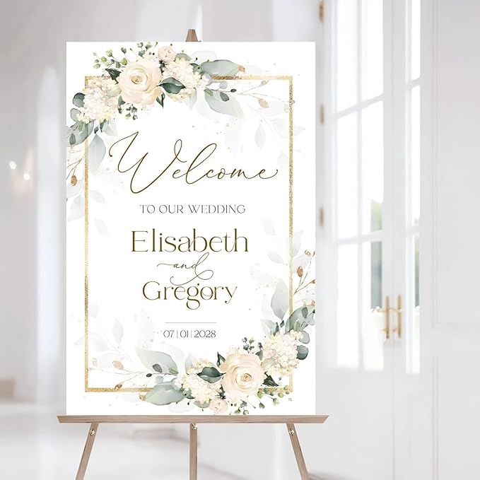 Ivory Wedding Welcome Sign, Cream Beige Floral Wedding Sign