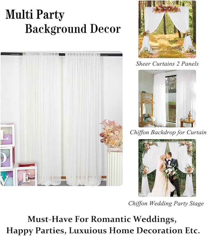 DUOBAO Chiffon Backdrop Curtain-2 Panels 29"x108" Wedding Backdrop Drapes Beach-Curtains for Living Room Voile Window Curtain Photography Backdrops for Weddings Ceremony (White)