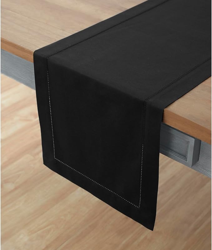 Solino Home Black Table Runner 90 Inches Long - Cotton Linen Hemstitch 14 x 90 Inch Table Runner for Dining, Fall, Autumn, Halloween, Thanksgiving, Holiday