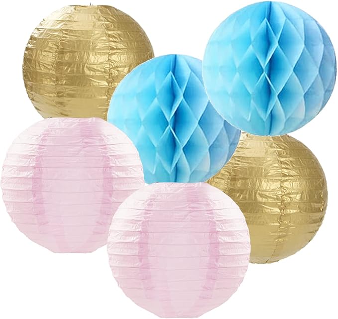 Pink Blue-Gold Party-Decorations Streamers Lanterns - 14pcs Gender Reveal Boy or Girl Birthday Paper Lanterns Fan,Tissue Pom Poms Streamer, Honeycomb Balls Decor