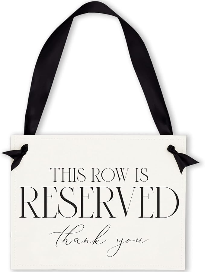 Ritzy Rose Set of 2 Reserved Row Sign for Wedding Ceremony Chairs or Events - Thick Paper Banner for Seating - White Linen Cardstock with Black Font and Black Satin Ribbon - 11x8.5 inches