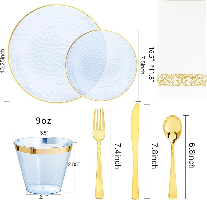 Rubtlamp 175 Pcs Plastic Dinnerware Set (25 Guests), Blue Disposable Plates With Gold Rim, Hammered Party Plates Set Include Dinner Platos, Dessert Platos, Cups, Cutlery And Napkins for Party