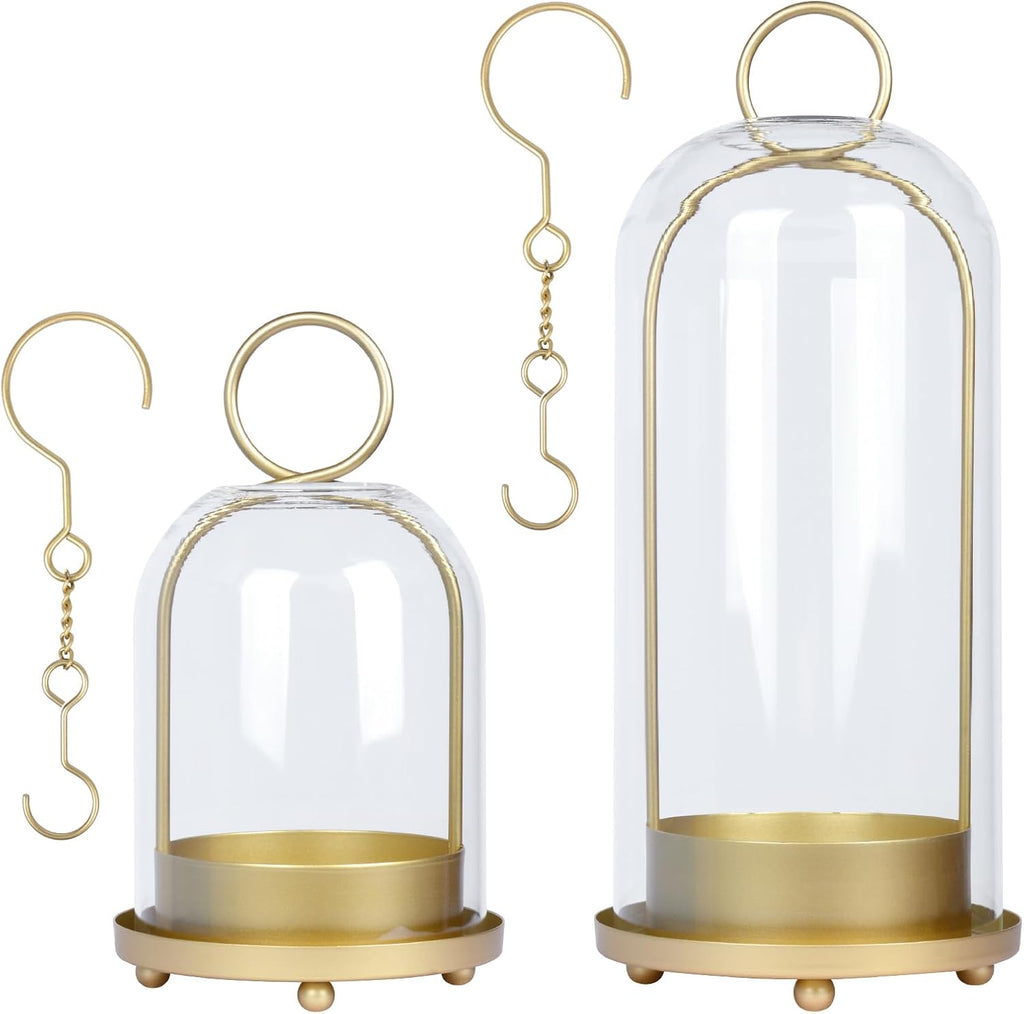 Fohil 5" & 4" Hurricane Glass Candle Holders, Set of 2 Metal Candle Holder with Handmade Sturdy Glass Dome, Candle Lantern for Pillar Candles, Plants, Table Centerpiece, Home Decor