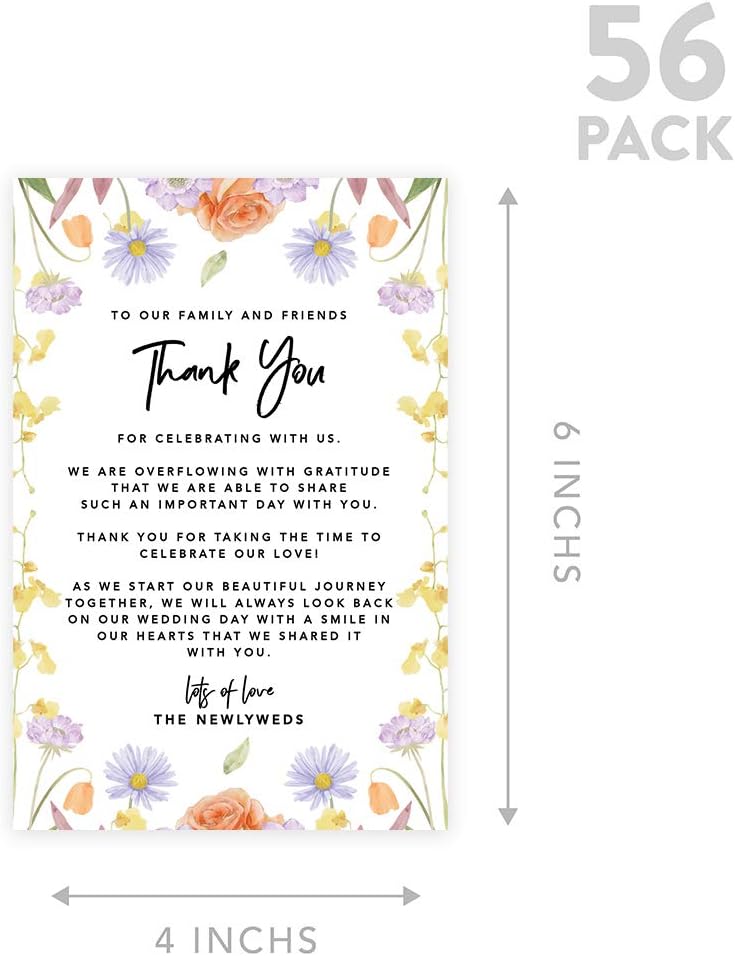 Andaz Press Classic Spring Florals Wedding Thank You Place Setting Cards for Table Reception, Dinner Plates, Wedding Favor Decoration Seating Settings for Guests, Family, Friends, 56-Pack, 4 x 6-Inch