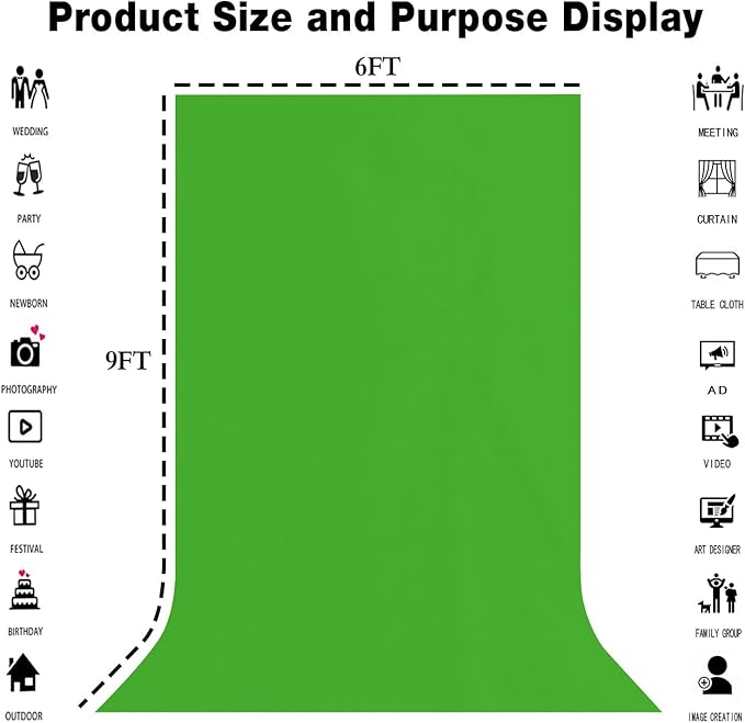 6x9FT Green Screen Backdrop Portable Solid Color Photography Background for Video, Studio, Photo, Live, Editing Green Backgrounds