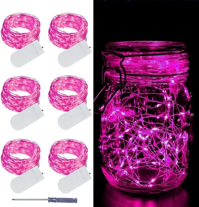 LAMPHOME 6 Pack Fairy Lights Battery Operated String Lights 6.6ft 20 Led Mason Jar Lights Waterproof Silver Wire Light Fireflies DIY Party Wedding Christmas Decoration(6 Pack,Pink)